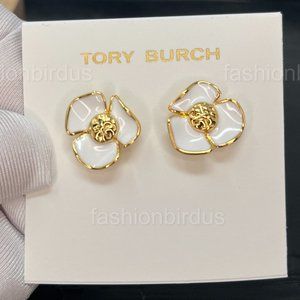 Tory Burch Fleur Logo Flower Stud Earrings in White (NWT)